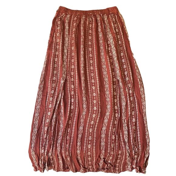 Blue Rain Women Maxi Skirt L Rust Geometric Bohemian Rayon 41” Long - Picture 1 of 7